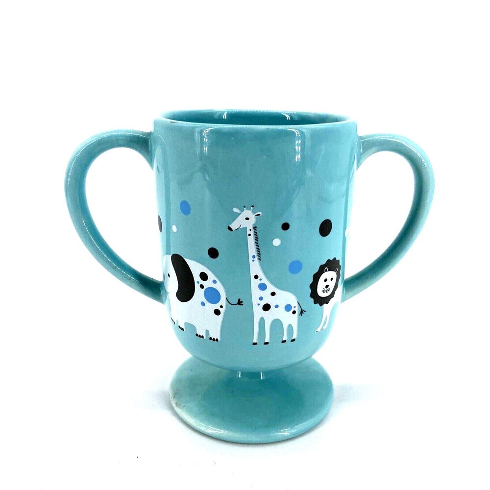 Teleflora Migi Mug Blue Ceramic 2 Handled Zoo Animals Elephant Giraffe Lion Baby